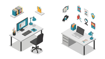 Modern office workspace in isometric style with computer and table accessories