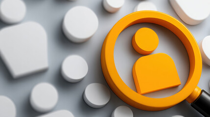 Yellow user icon inside magnifying glass on gray background with scattered white circular and rounded shapes, concept of profile search and selection, focused and modern visual metaphor