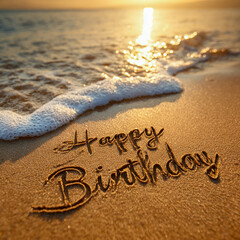 Happy Birthday Inscribed in Natural Script on Wet Shoreline Sand with Warm Golden Sun and Gentle Wave Foam &ndash; perfect for birthday greeting cards