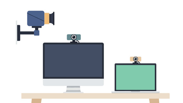 Modern digital setup with monitors and cameras desk arrangement