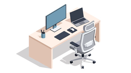 Modern isometric office workspace with computer and chair
