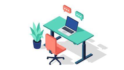 Modern isometric office workspace with laptop and chat bubbles