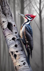 Obraz premium Detailed illustration of a pileated woodpecker clinging to a weathered birch tree trunk in a muted forest