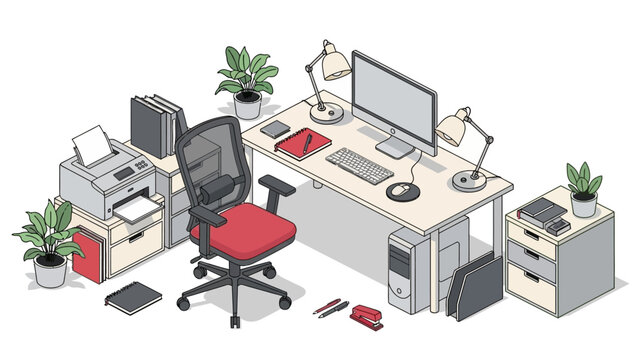 Modern isometric office workspace with computer, chair, printer, and plants