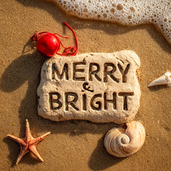 Merry and Bright Hand-Carved in Moist Sand with Precise Grooves, Sun Over Waterline and Red Ornament with Seashell &ndash; perfect for holiday celebrations