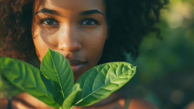 Close-up of a woman holding a leaf from a fresh tea plant.