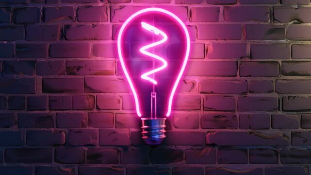 A single glowing blue and pink lightbulb with swirls of light is attached to a dark brown brick wall at night.