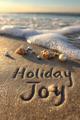 Holiday Joy Hand-Drawn Etched into Soft Wet Sand with Thin Shallow Grooves and Pearly Seashell with Miniature Ornaments &ndash; perfect for holiday celebrations