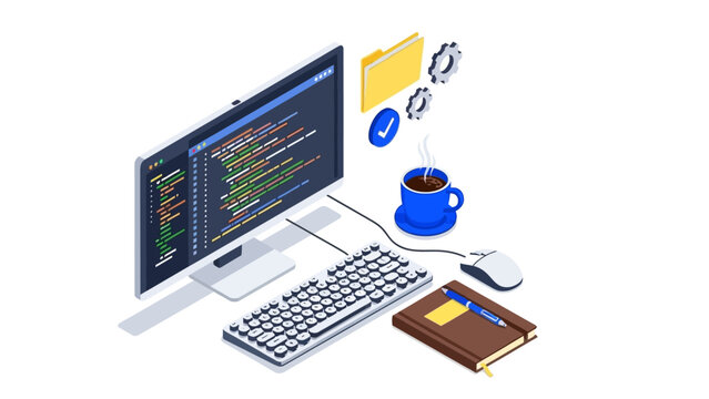 Isometric workspace with computer and coffee for coding enthusiasts