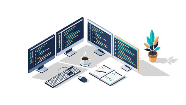 Modern home office workspace with multiple monitors and coding setup in isometric style