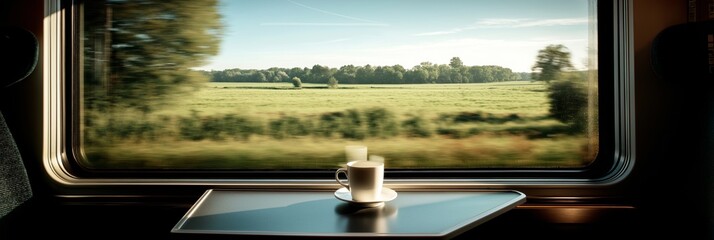 Obraz premium Enjoying a coffee while traveling through scenic autumn countryside seen from a train window. Train journey, European autumn landscape rolling, coffee cup