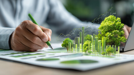 Businessman Analyzing Growth Data with Pen and Laptop, Surrounded by Green Elements Symbolizing Sustainability and Economic Development in Modern Office