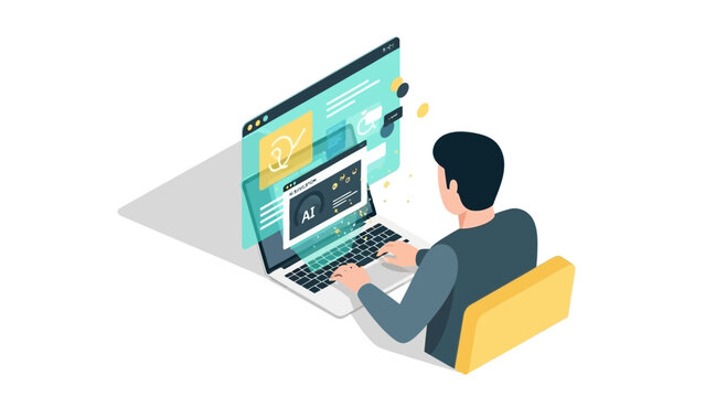 Isometric design: man working on ai programming and web development at laptop