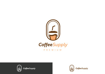 Brown color coffee shop or cafe logo with takeaway cup simple icon