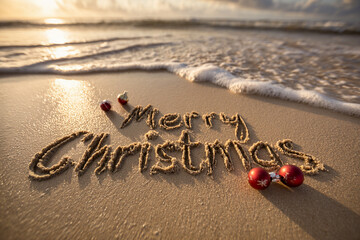 Merry Christmas Hand-Drawn Carved Naturally into Smooth Wet Sand with Warm Golden Sunset and Tiny Christmas Ornaments &ndash; perfect for holiday greeting cards