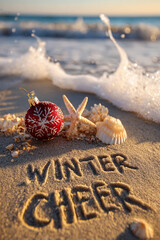 Winter Cheer Hand-Drawn into Clean Moist Sand with Soft Golden Sky, Wave Foam Approaching and Red Ornament with Seashell &ndash; ideal for holiday promotions