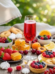 Bright outdoor early-summer dessert table with red sparkling aperitif, elegant pastries, fresh berries and sunlight