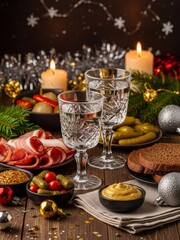 Festive New Year still life with premium vodka, classic holiday snacks and warm sparkling decorations on a wooden table