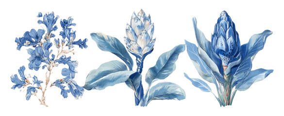 Fototapeta premium Detailed Watercolor Engraving of Indigo Botanical Blooms and Leaves in Focus