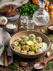 Cozy rustic Belarusian kletski dumplings with butter, herbs and sour cream in a warm ceramic bowl