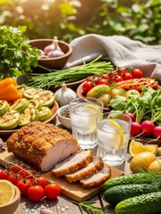Festive food still life with premium vodka, roasted pork, fresh herbs and spices on rustic wooden table in soft light
