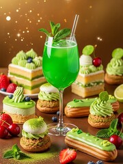Festive dessert still life with green aperitif, elegant pastries, fresh summer berries and golden light in studio