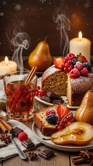 Warm winter scene with herbal balsam, berry-topped cake, chocolate and caramelized pears on a rustic wooden table