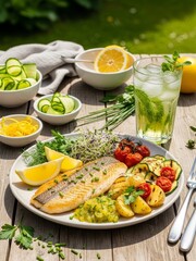 Bright summer still life with roasted zander, herbs, vegetables and a chilled herbal aperitif on a rustic countryside table