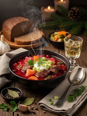 Rustic Belarusian still life with traditional beetroot borscht, sour cream, herbs, and chilled vodka