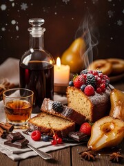 Cozy winter still life with dark herbal balsam, cake with berries, chocolate and caramelized pears on a rustic table