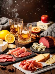 Warm winter still life with premium whiskey, cured meats, cheeses and cozy rustic accents on a wooden table