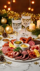 Intimate New Year celebration with frosted vodka glasses, hot meat snacks and glowing winter decorations on marble