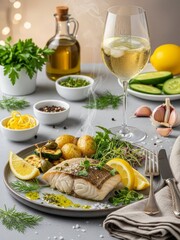 Delicious baked cod fillet served with roasted potatoes, vegetables, lemon, and white wine on a restaurant table.