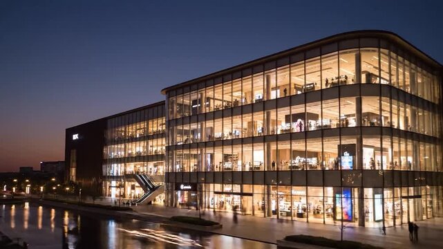 Modern Shopping Mall Exterior at Dusk with Illuminated Windows and Water Reflection.