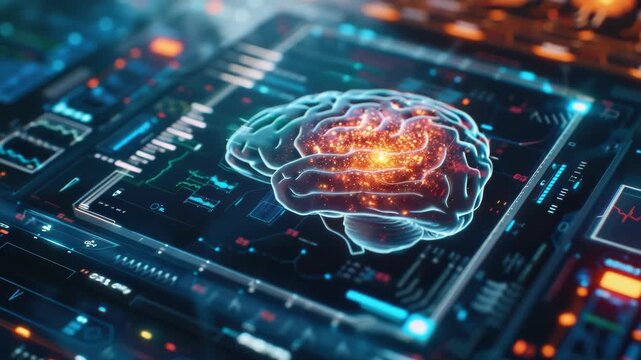 A computer monitor shows a brain with a red glowing spot. The brain is surrounded by a blue frame