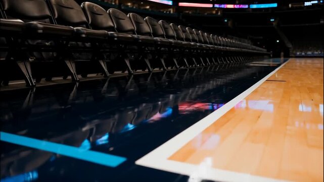 Empty Basketball Arena Court with Rows of Seats and Reflective Floor Showing Lights