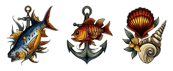 Fototapeta premium Colorful Nautical Icons Sprite Collection Featuring Stylized Fish and Shell Designs