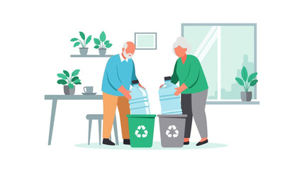 Elderly couple sorting recycling bins in a modern interior setting