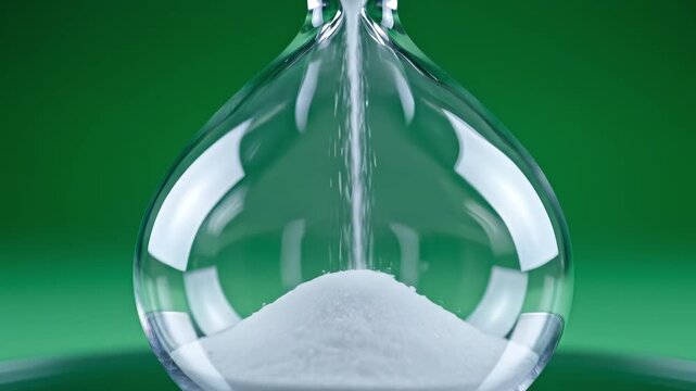 Close up of a clear glass hourglass with white sand slowly flowing and accumulating on a vibrant green background for time passing concept and deadlines
