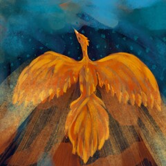 Golden phoenix bird, dramatic light beams, textured art