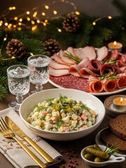 Festive winter Olivier salad with diced vegetables, poultry and creamy mayonnaise in a modern elegant bowl