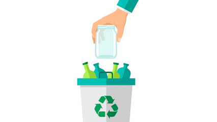 Eco-friendly waste management: hand placing glass jar in recycling bin