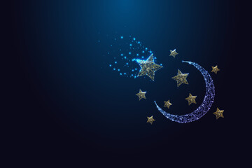 Futuristic glowing crescent moon and stars in blue space background, digital vector illustration