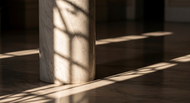 Marble column bathed in sunlight creating dynamic shadows on a patterned floor surface