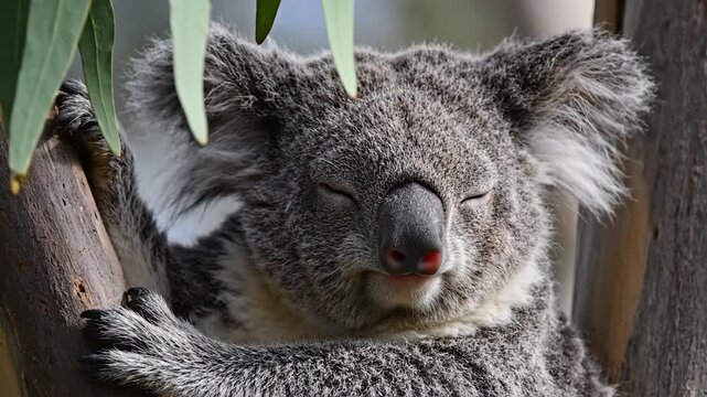 Sleepy Koala Resting in a Eucalyptus Tree