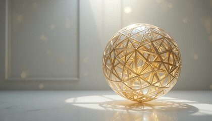 Elegant Golden Geometric Sphere in a Sunlit Room.