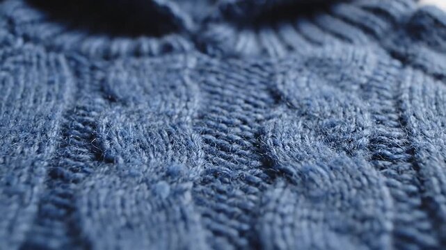 Closeup of a blue knitted fabric with intricate patterns and textures showcasing the detailed craftsmanship of the textile.
