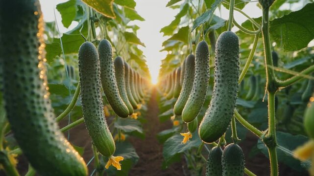 Rows of fresh green cucumbers growing on vines in a sunny greenhouse or garden at sunset.