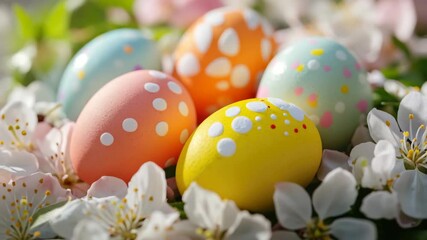A collection of vibrant Easter eggs with a floral background. - Powered by Adobe