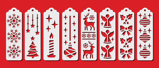 Fototapeta premium Decorative Christmas bookmarks. New Years and Xmas laser cut template. Bookmark stencil for paper, wood and metal cutting. Vector design with winter holidays pattern